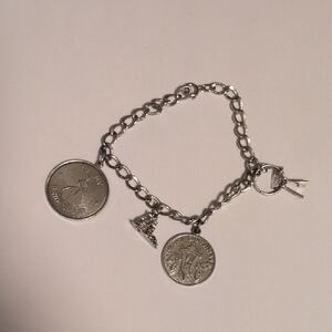 Sterling Silver Charm Bracelet w/ Coin Charms & Eiffel Tower Pendant